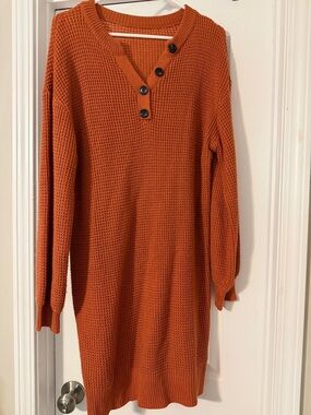 Women's Button Henley Waffle Knit Sweater Dress - Rust